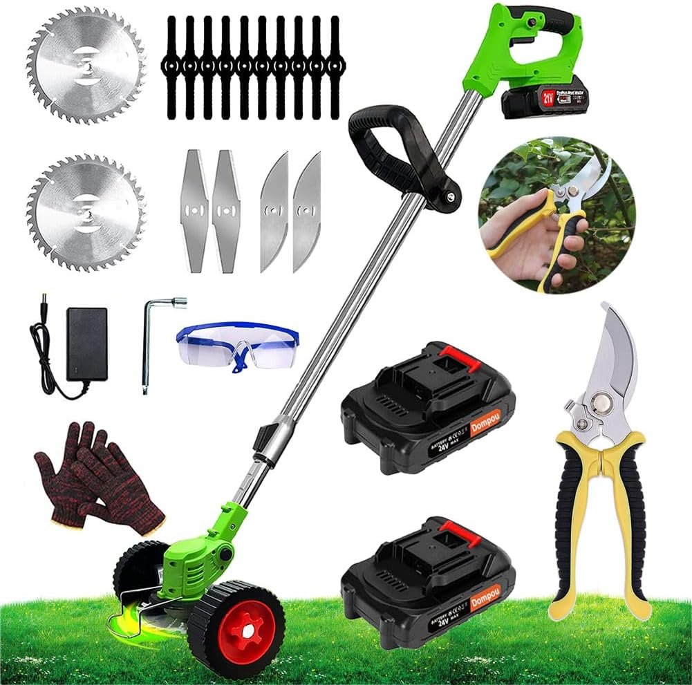 24V Electric Weed Eater Cordless Weed Wacker 3-in-1 String Trimmer with Wheels, Lawn Edger Brush Cutter with 3 Types Blades, Garden Tools for Garden and Yard