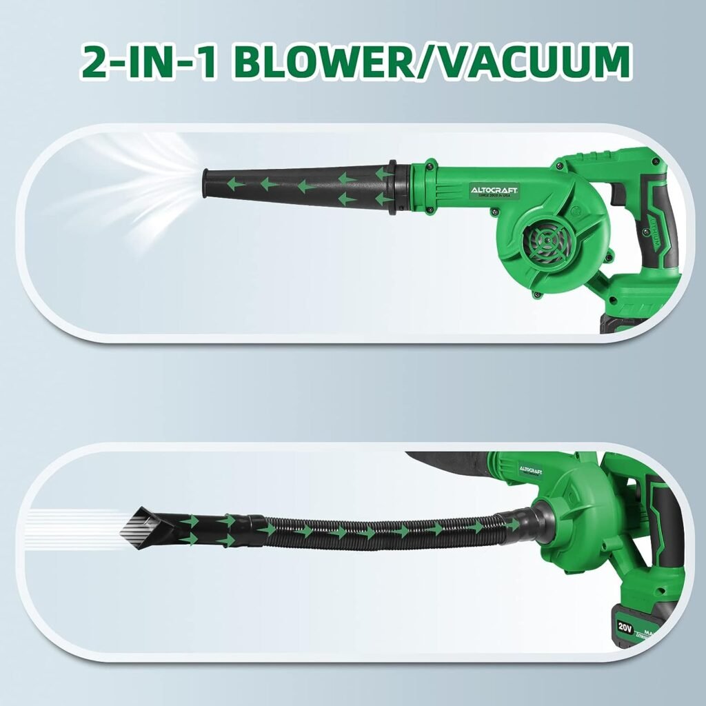 ALTOCRAFT 2-in-1 Jobsite Cordless Blower  Vacuum,20V Max Lightweight Handheld Small Dry Leaf Sawdust Blower Cleaner with 3.0Ah Battery and Charger,110MPH for Workshop Car Dust Blowing and Vacuuming
