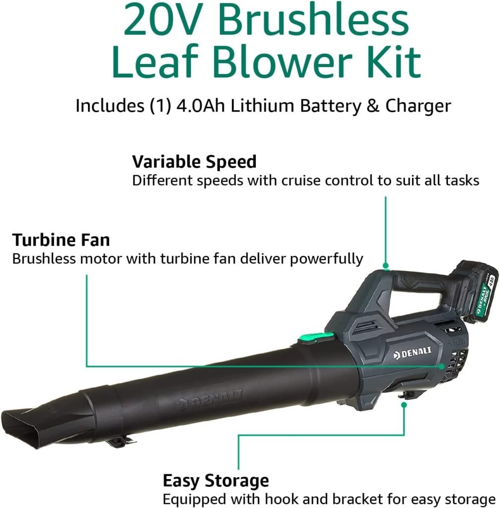 Amazon Brand - Denali by SKIL 20V Brushless 400 CFM Leaf Blower Kit, Includes 4.0Ah Lithium Battery  Charger