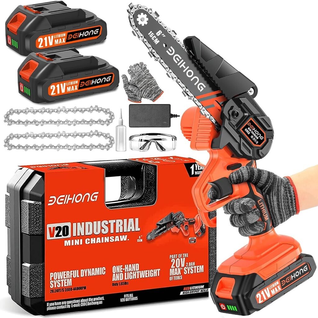 BEI  HONG Mini Chainsaw Cordless 6-Inch with 2 Battery, Mini Power Chain Saw with Security Lock, Handheld Small Chainsaw for Tree Trimming Wood Cutting
