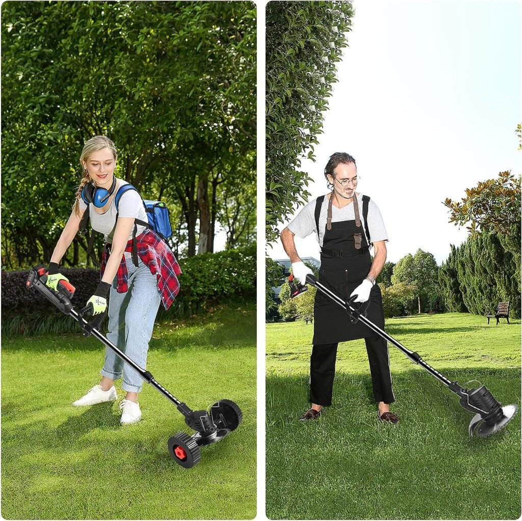 Cordless 𝗪𝗲𝗲𝗱 𝗪𝗮𝗰𝗸𝗲𝗿 Electric,21V Weed Eater with 3 Types Blades and 2X 2Ah Battery Operated,Weed Cutter,Lightweight,Adjustable Cutting Angle  Height,Lawn Trimmer with Wheel for Garden Yard