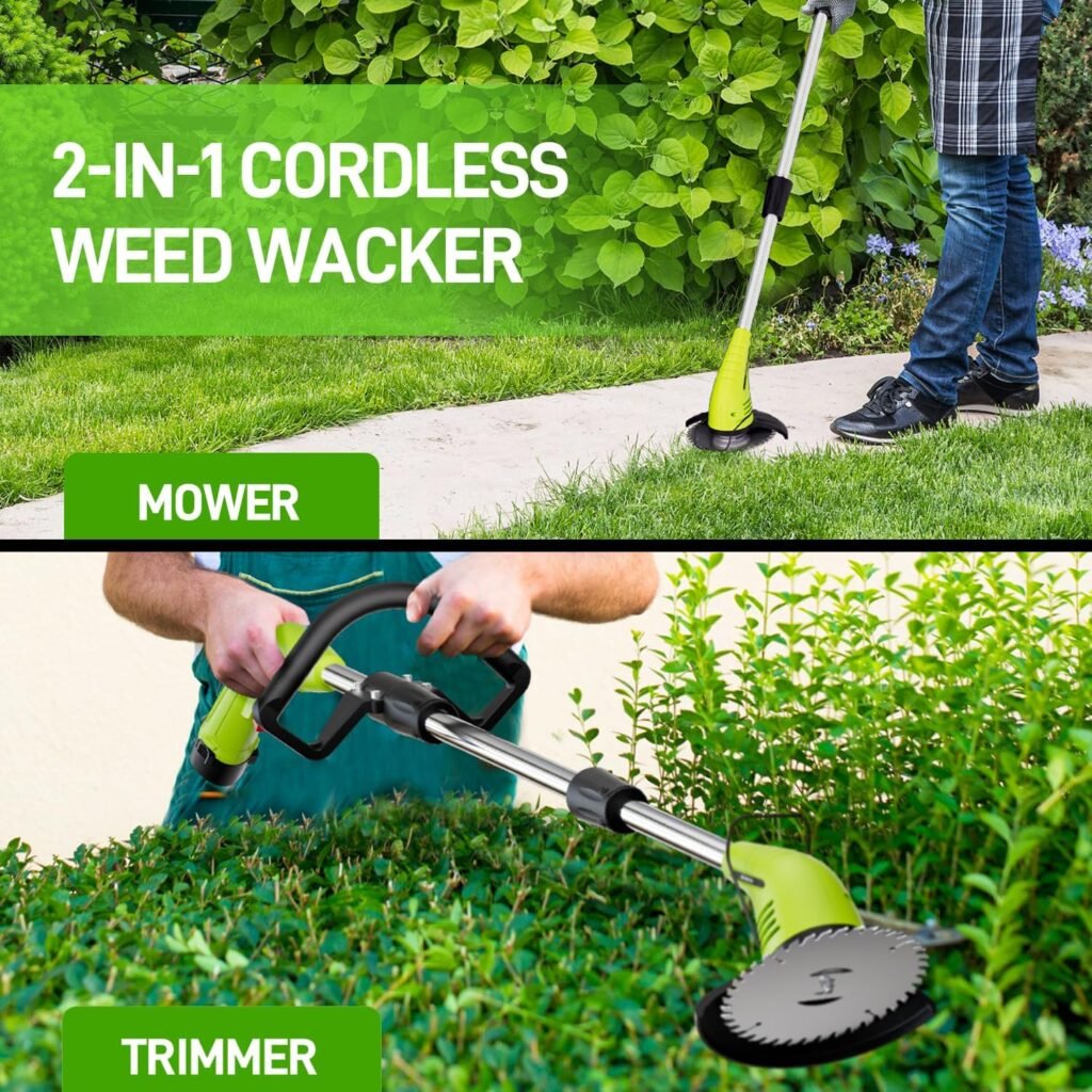 Cordless Lawn Trimmer Weed Wacker - GardenJoy 12V Grass Trimmer Lawn Edger with 2.0Ah Li-Ion Battery Powered and 3 Types Cutting Blade, Electric Weed Trimmer Tool for Lawn Care and Garden Yard Work