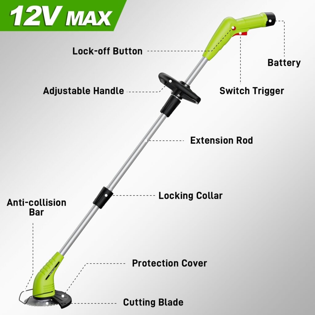 Cordless Lawn Trimmer Weed Wacker - GardenJoy 12V Grass Trimmer Lawn Edger with 2.0Ah Li-Ion Battery Powered and 3 Types Cutting Blade, Electric Weed Trimmer Tool for Lawn Care and Garden Yard Work