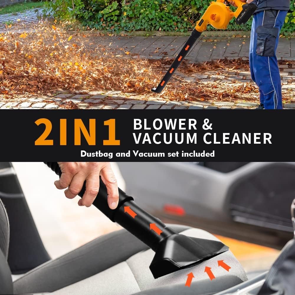 Cordless Leaf Blower with Lithium Battery  Fast Charger, 2in1 Electric Cordless Sweeper/Vacuum with Bag for Blowing Leaf, Snow,Clearing Dust  Small Trash,Car, Computer Host (150CFM)