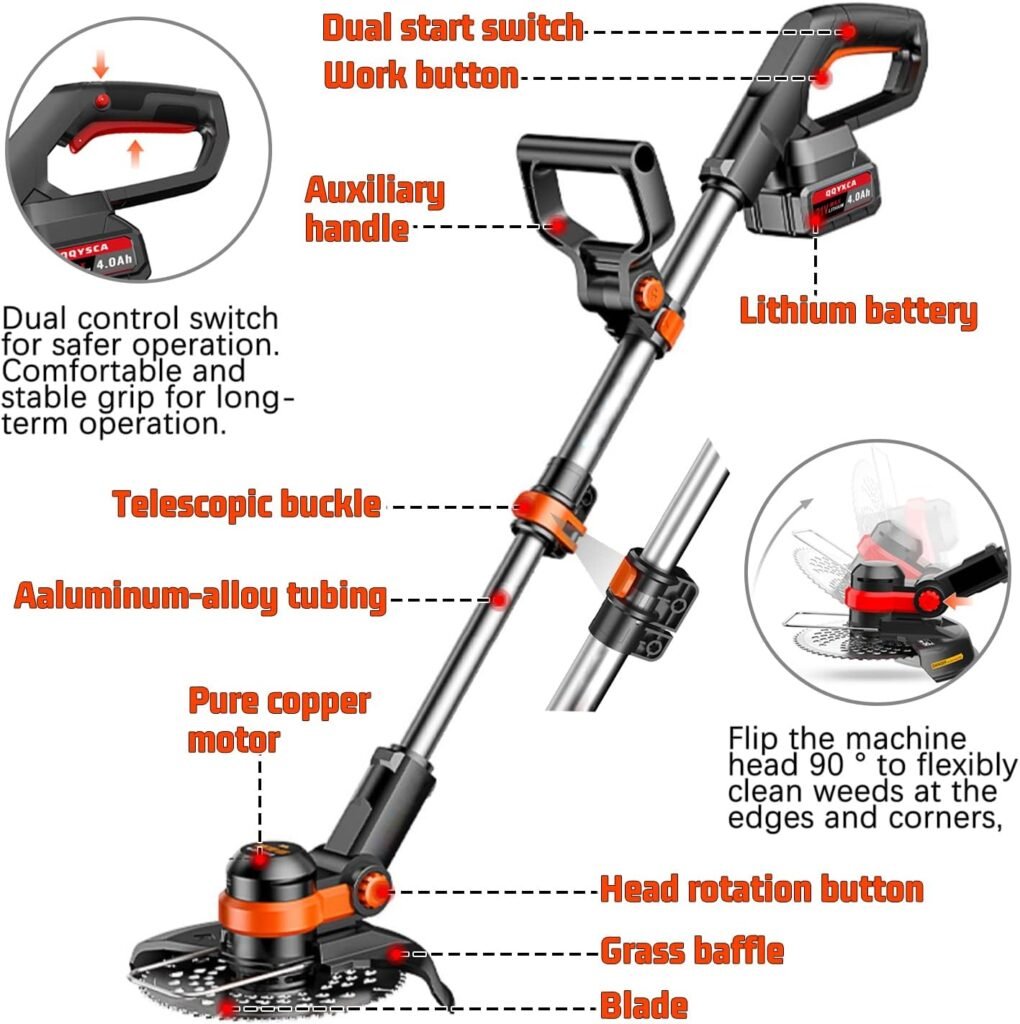 Cordless Weed Wacker - 21V Electric Weed Eater, with 3 Types Blades  2 Pcs 4.0Ah Battery Powered Brush Cutter - 4.2 lbs Lightweight/Adjustable Length/90° Rotation, for Garden  Yard Care