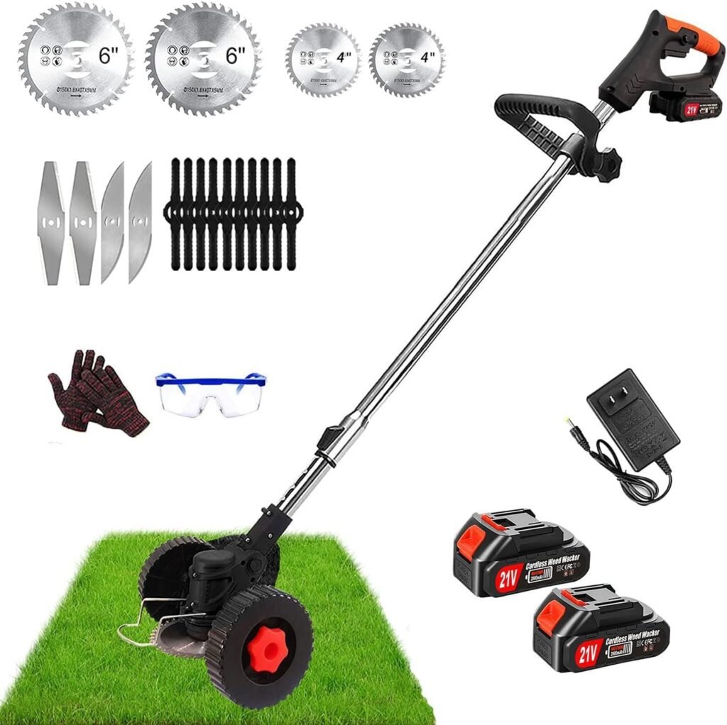 Cordless Weed Wacker Battery Powered Weed Eater Electric 3 Types Blades Grass Trimmer Lawn Edger Tool Brush Cutter, Push Lawn Mower, Wheeled No-String Trimmer for Garden Yard