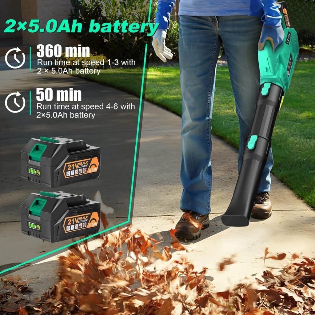EKACO Leaf Blower - 320CFM 180MPH 21V Leaf Blower Cordless with 2 X 5.0 Ah Battery  Charger, Electric Leaf Blower Battery Powered Leaf Blower Lightweight for Snow Blowing  Lawn Care Yard Cleaning