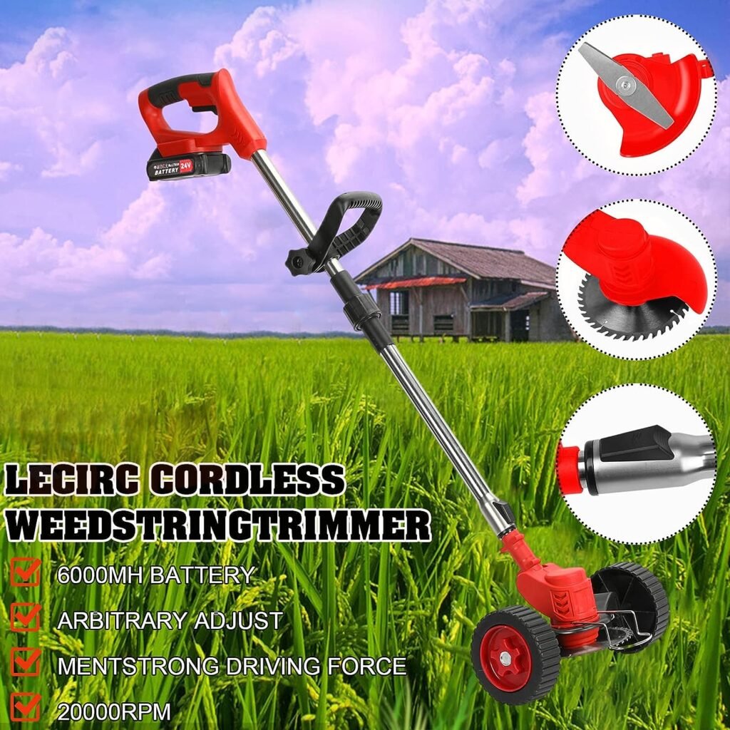 Electric Lawn Mower Grass Trimmer 24V 800W Full Functional Cordless String Trimmer Telescopic Rod D-Shaped Handle Weed Wacker Trimmer 20000 RPM Multi-Purpose Lightweight Bush Cutter for Garden Lawn