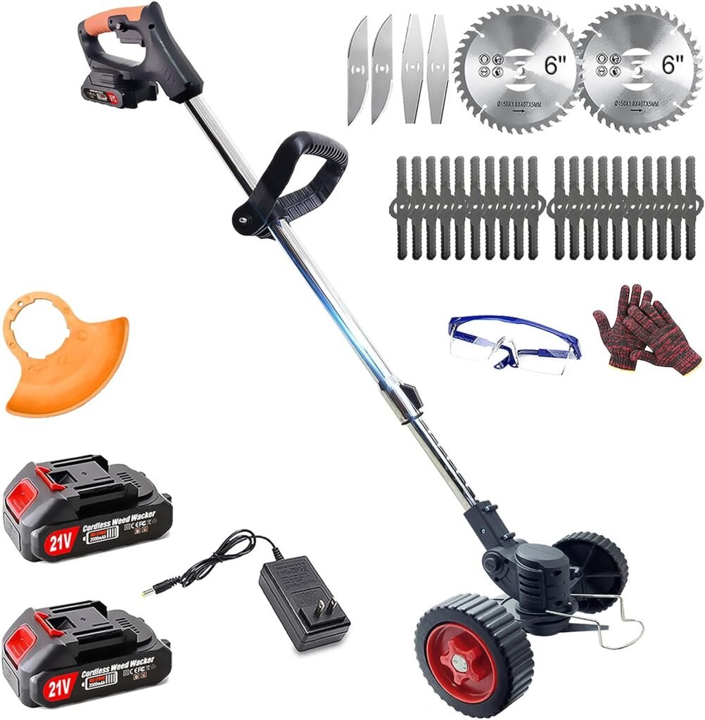 Electric Weed Wacker Cordless Weed Eater Battery Powered, 3-in-1 Grass Trimmer, Lawn Edger, Brush Cutter with 4 Types of Blades 2 Battery and Charger, Push Wheeled No String Trimmer for Garden  Yard