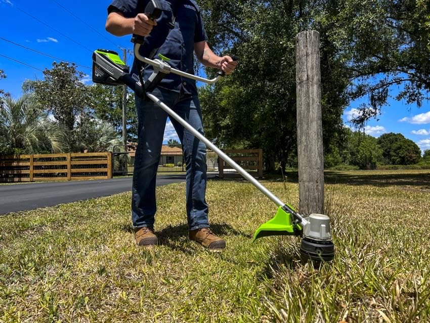 Greenworks 12-Inch 40V Cordless Chainsaw, Battery Not Included 20292 with 12-Inch 24V Cordless String Trimmer, 2.0 AH Battery Included 21342