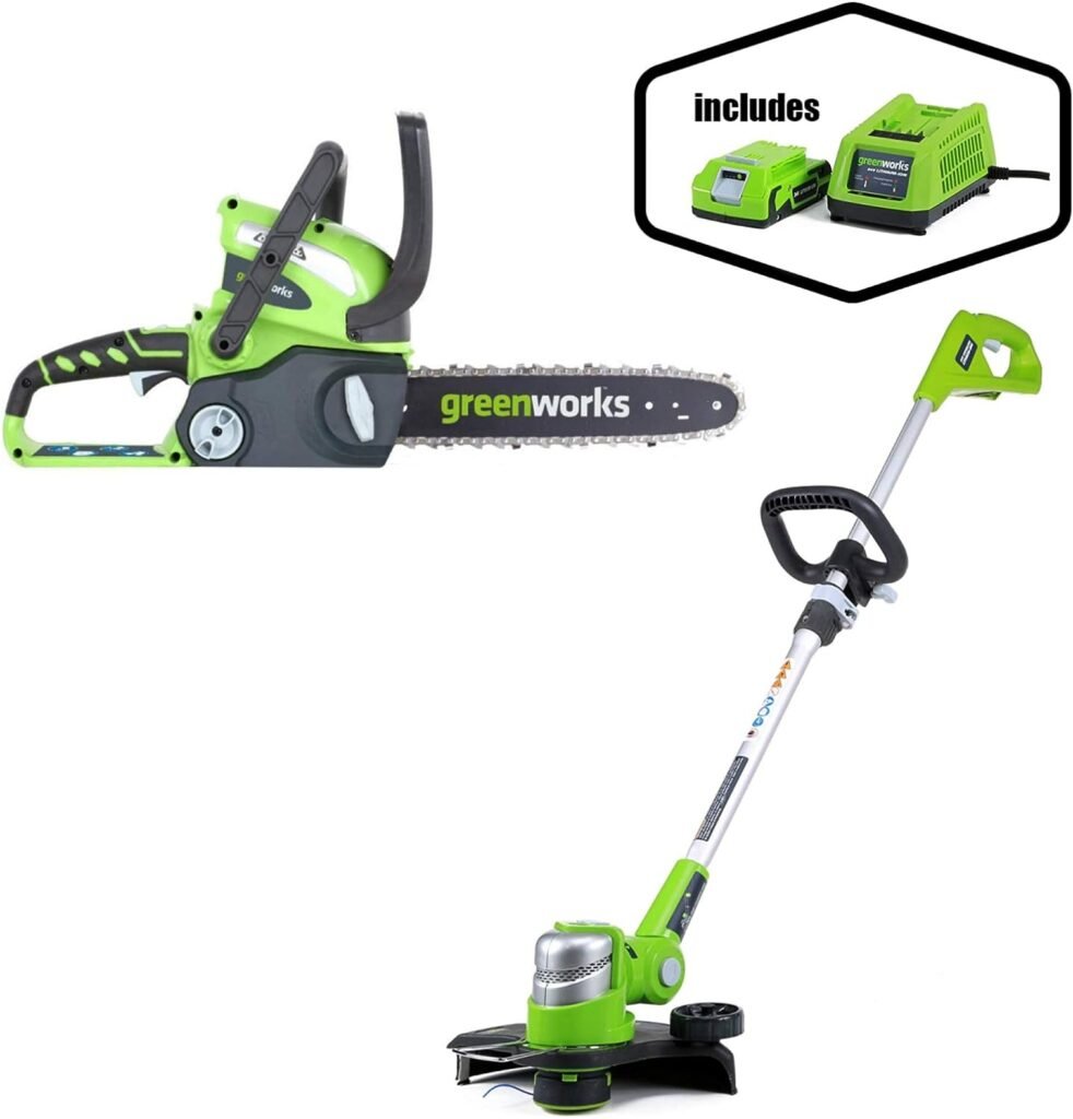 Greenworks 12-Inch 40V Cordless Chainsaw, Battery Not Included 20292 with 12-Inch 24V Cordless String Trimmer, 2.0 AH Battery Included 21342