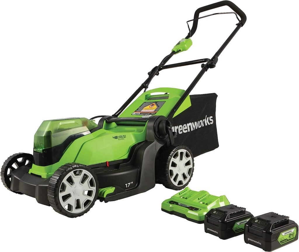 Greenworks 2 x 24V (48V) 17 Cordless Lawn Mower, (2) 4.0Ah USB Batteries (USB Hub) and Dual Port Rapid Charger Included