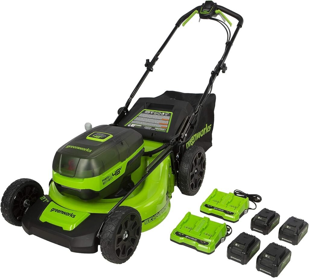 Greenworks 2 x 24V (48V) 21 Brushless Cordless Self-Propelled Lawn Mower, (4) 4.0Ah USB Batteries and (2) Dual Port Rapid Chargers