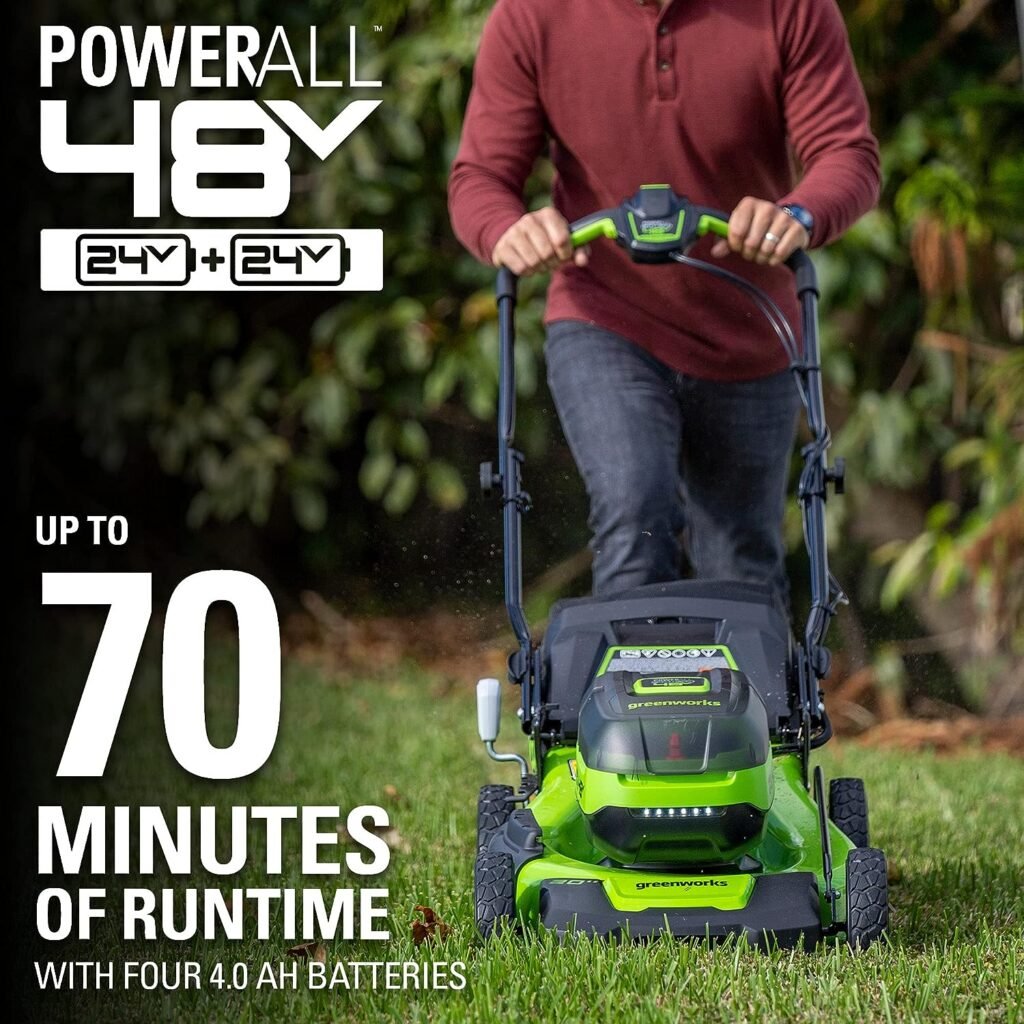 Greenworks 2 x 24V (48V) 21 Brushless Cordless Self-Propelled Lawn Mower, (4) 4.0Ah USB Batteries and (2) Dual Port Rapid Chargers
