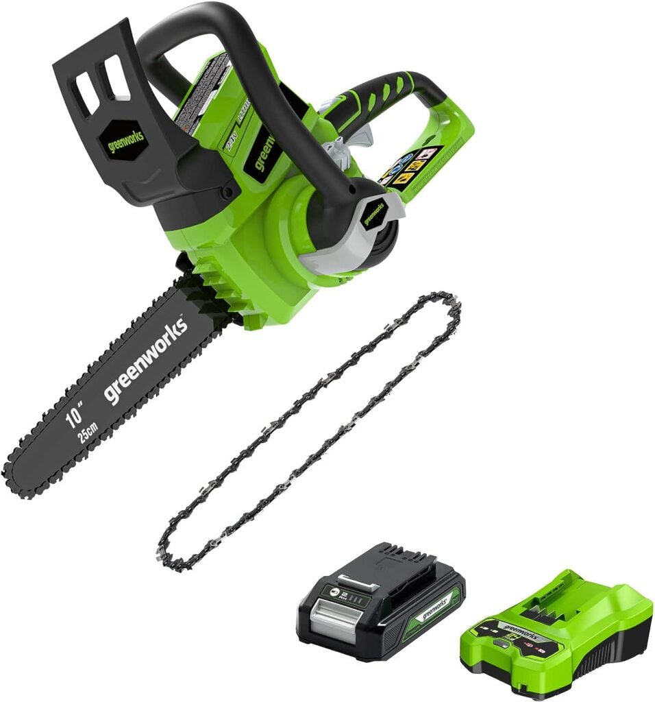 Greenworks 24V 10 Chainsaw, 2.0Ah USB Battery and Charger with extra chain