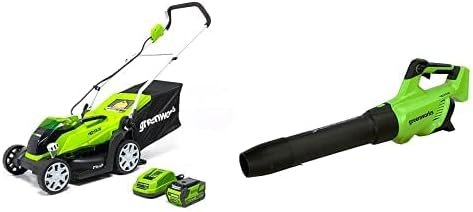 Greenworks 40V 14 Cordless Electric Lawn Mower, Leaf Blower (120 MPH / 500 CFM), 4.0Ah Battery and Charger