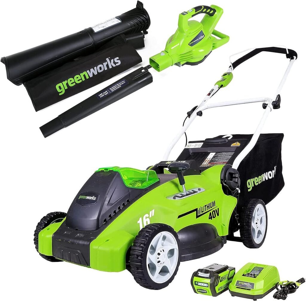 Greenworks 40V 16 Cordless Electric Lawn Mower + 40V Brushless Blower / Vacuum, 4.0Ah Battery and Charger Included