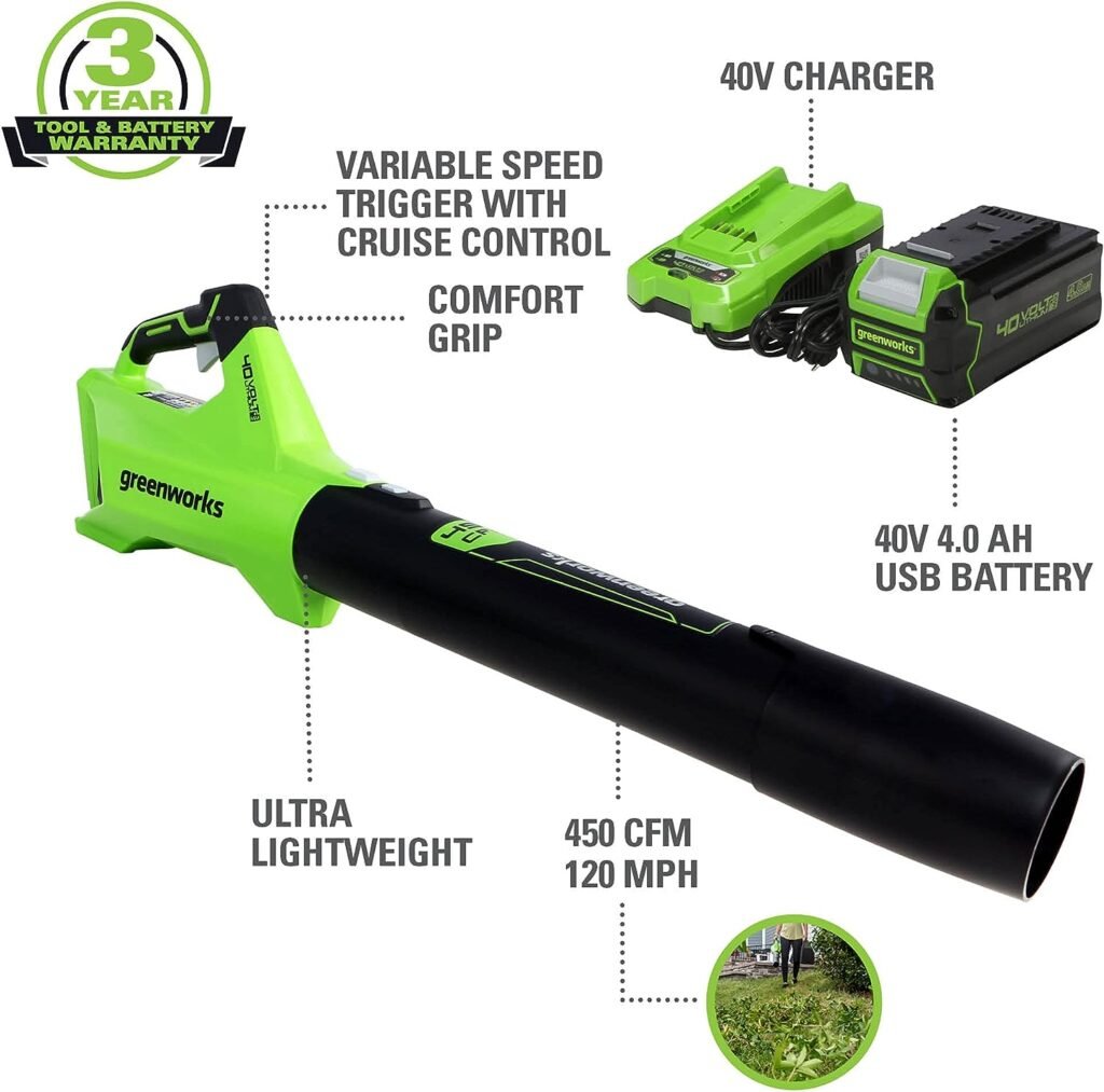 Greenworks 40V 16-Inch Cordless Chainsaw, Tool Only, 20322 with Greenworks 40V Cordless Axial Blower, 4Ah USB Battery (USB Hub) and Charger Included BL40B411