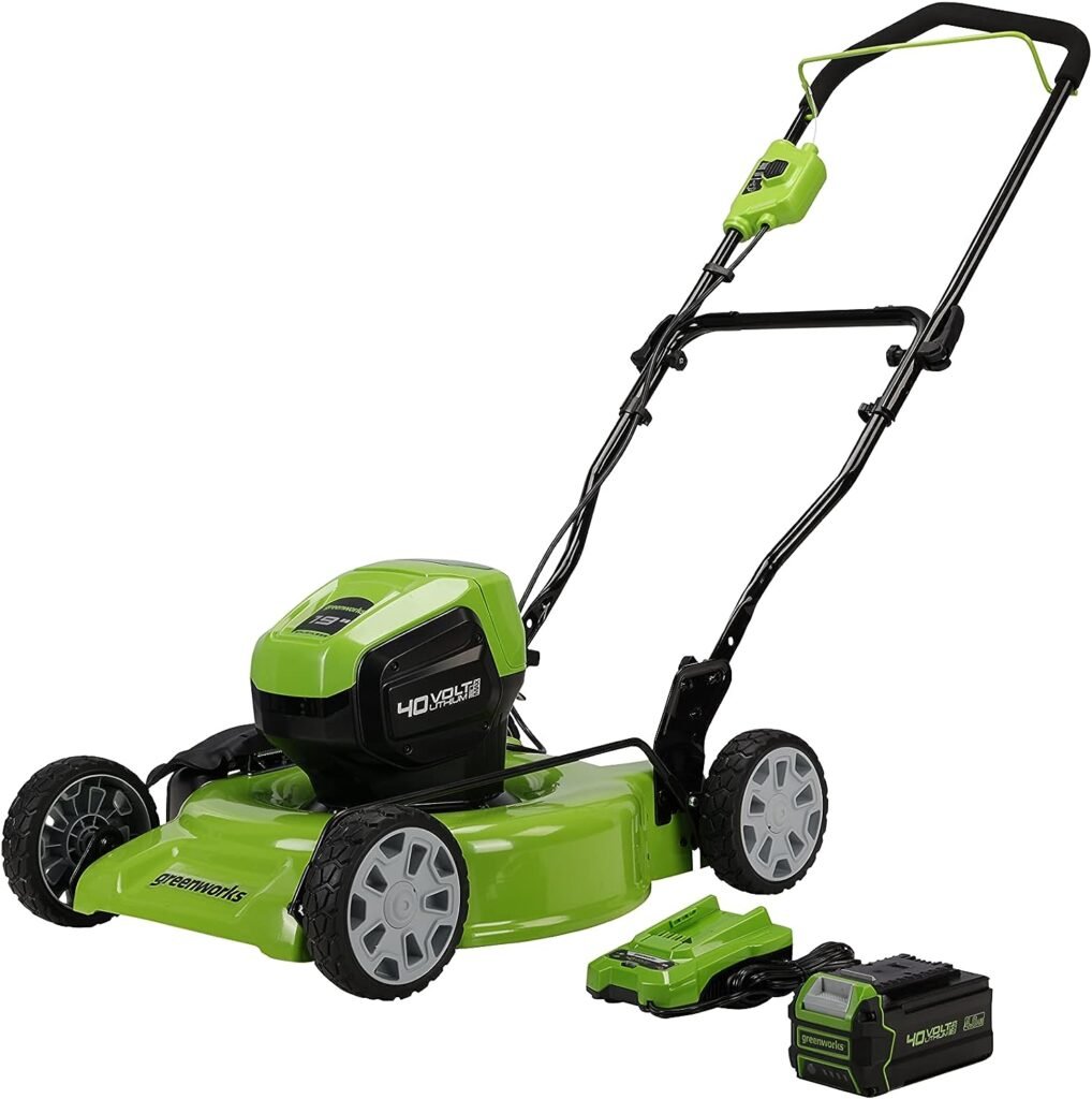 Greenworks 40V 19 Brushless (2-In-1) Lawn Mower, 4Ah USB (Power Bank) Battery and Charger Included MO40L414