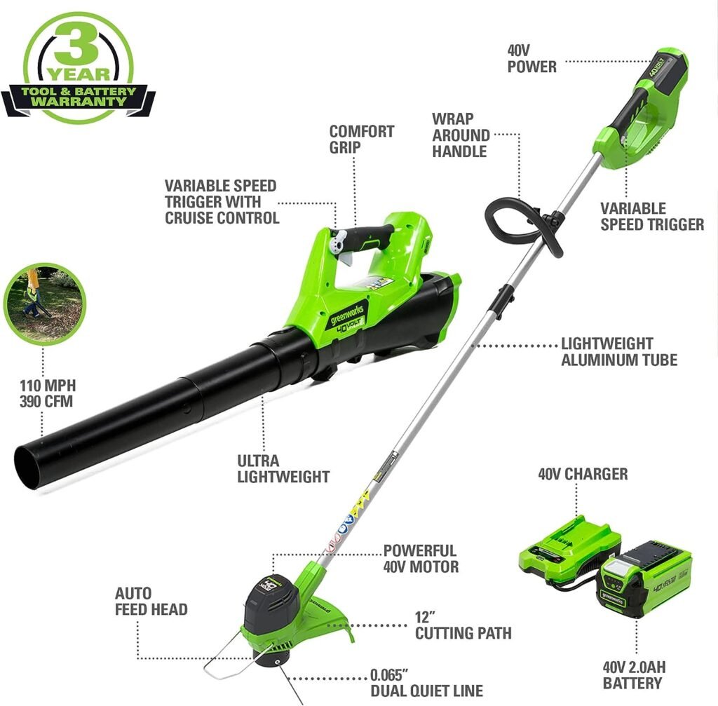Greenworks 40V Cordless String Trimmer and Leaf Blower Combo Kit, 2.0Ah Battery and Charger Included