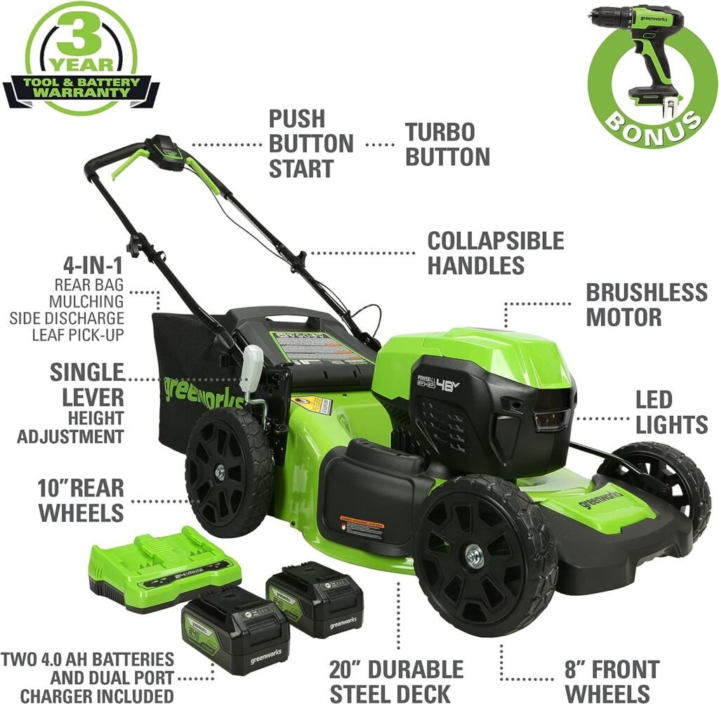 Greenworks 48V 20 Brushless Cordless Push Lawn Mower + 24V Brushless Drill / Driver, (2) 4.0Ah USB Batteries (USB Hub) and Dual Port Rapid Charger Included (2 x 24V)