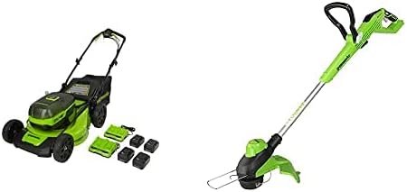 Greenworks 48V 21 Brushless Cordless Self-Propelled Electric Lawn Mower, String Trimmer, (4) 4.0Ah Batteries and (2) Rapid Chargers