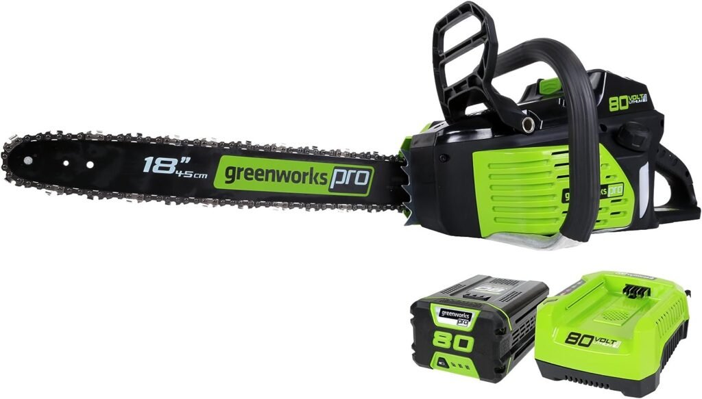 Greenworks 80V 18 Brushless Cordless Chainsaw (Great For Tree Felling, Limbing, Pruning, and Firewood), 2.0Ah Battery and Rapid Charger Included