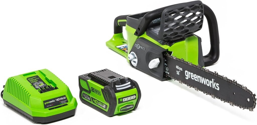 Greenworks 8.5 40V Cordless Pole Saw, 2.0 AH Battery Included 20672 with 16-Inch 40V Cordless Chainsaw, 4.0 AH Battery Included 20312