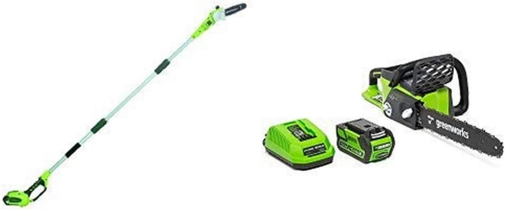 Greenworks 8.5 40V Cordless Pole Saw, 2.0 AH Battery Included 20672 with 16-Inch 40V Cordless Chainsaw, 4.0 AH Battery Included 20312