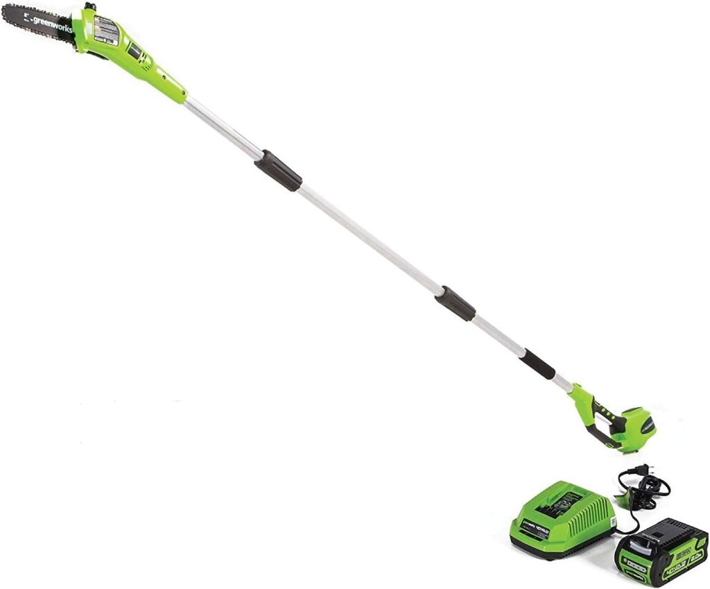 Greenworks 8.5 40V Cordless Pole Saw, 2.0 AH Battery Included 20672 with 16-Inch 40V Cordless Chainsaw, 4.0 AH Battery Included 20312