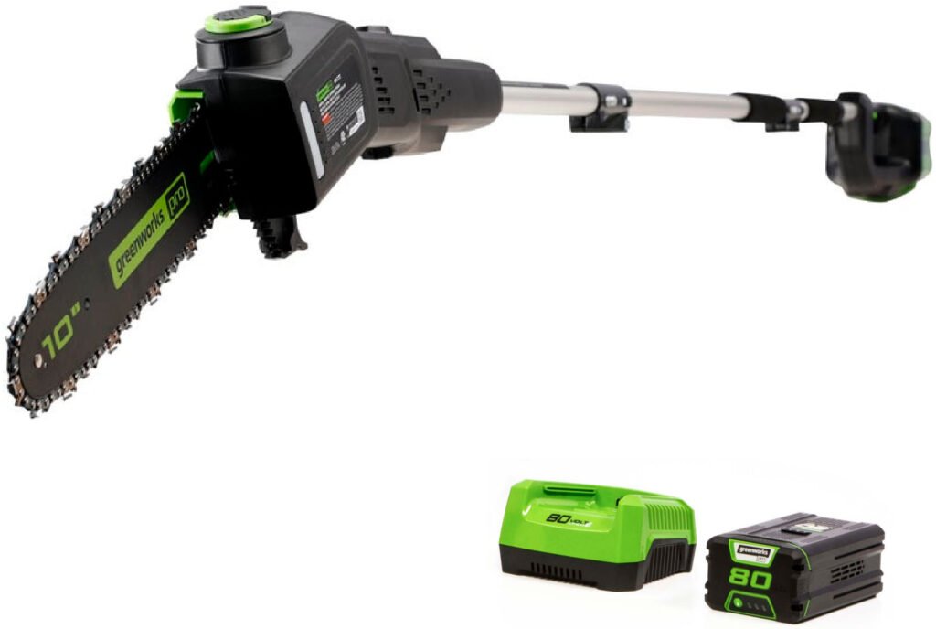 Greenworks Pro 80V 10 inch Brushless Cordless Polesaw,80V 18 inch Cordless Chainsaw, 2Ah Battery and Charger Included