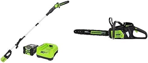 Greenworks Pro 80V 10 inch Brushless Cordless Polesaw,80V 18 inch Cordless Chainsaw, 2Ah Battery and Charger Included
