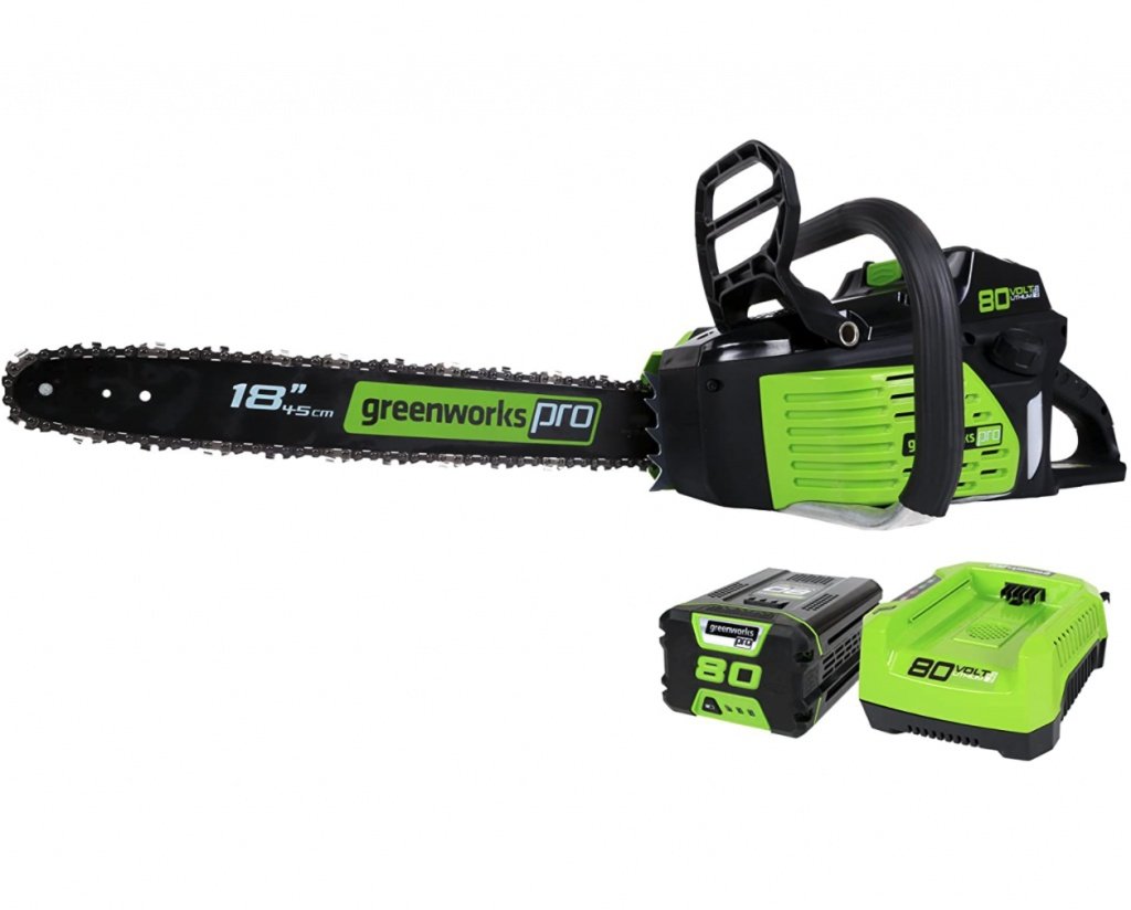 Greenworks Pro 80V 18-Inch Cordless Chainsaw with Bar and Chain Combo Kit2Ah Li-Ion Battery and Charger Included GCS80420,Green/Black