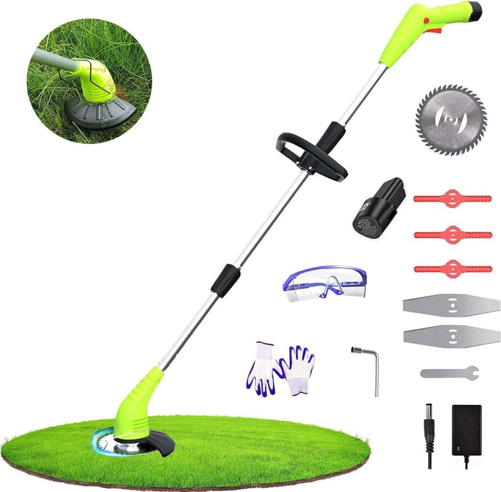 HooSeen Cordless Weed Wacker, 12V Grass Trimmer with 2.0Ah Li-Ion Battery Powered and 3 Types Blades,Electric Weed Trimmer/Edger for Lawn Care and Garden Yard Work (Green-1)