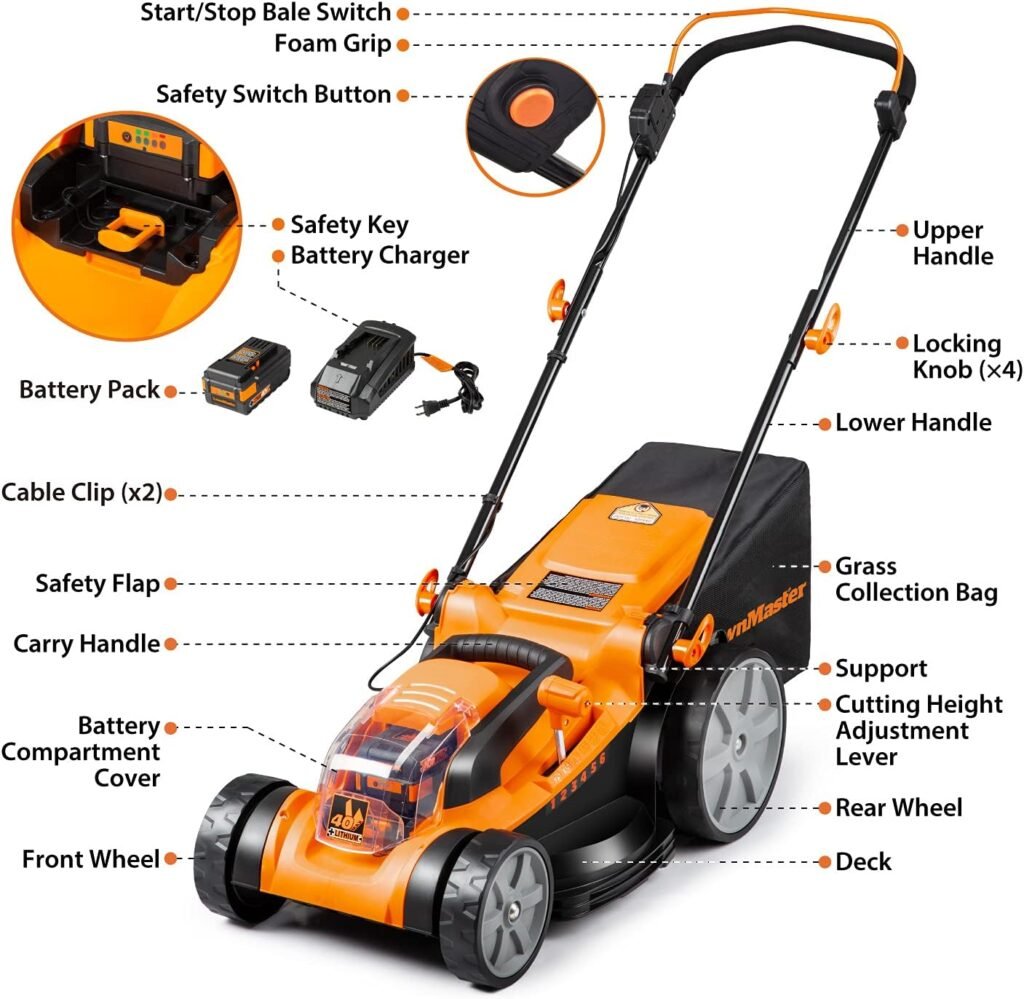 LawnMaster CLMF4016K Cordless 16-Inch Brushless Push Lawn Mower 40V Max with 4.0Ah Battery  Charger