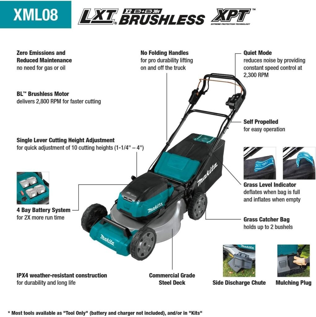 Makita XML08PT1 18V X2 (36V) LXT® Lithium‑Ion Brushless Cordless 21 Self Propelled Lawn Mower Kit with 4 Batteries (5.0Ah)