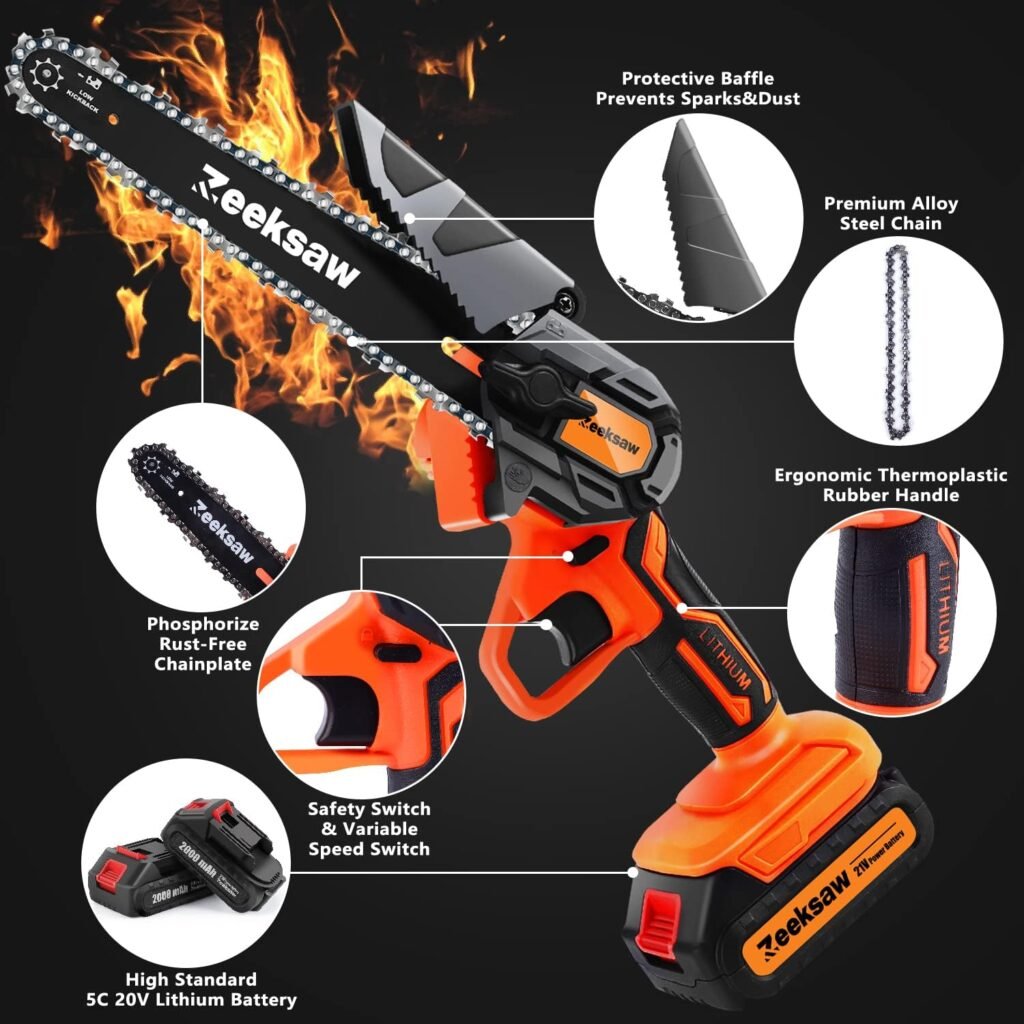 Mini Chainsaw 6 Inch Cordless, Zeeksaw Super Power Hand Chain Saw with batteries, 1 Hour Run-Time Electric Mini Cordless Chainsaw, Handheld Small Chainsaws Battery Powered -Yard Camping -Time Saver