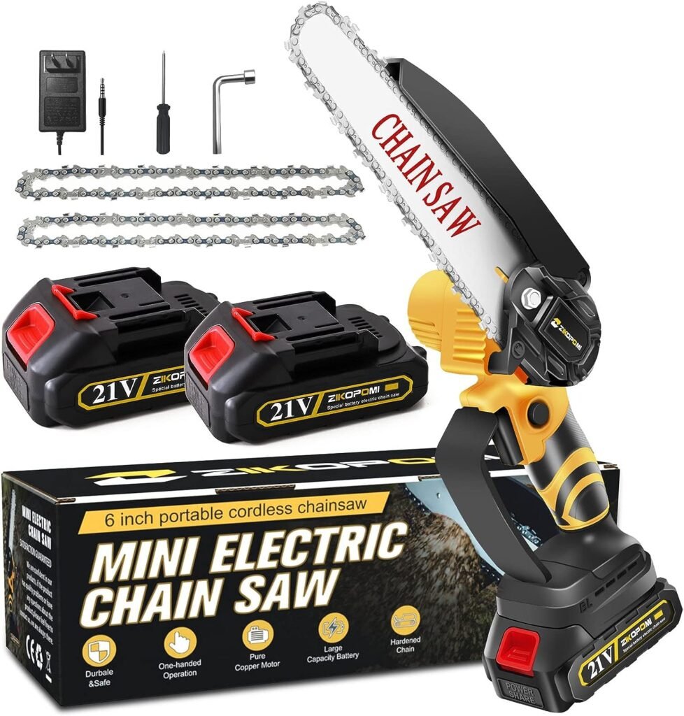 Mini Chainsaw Cordless 6 Inch, Electric Chain Saw, Cordless Small Chainsaw, Battery Powered Hand Saw With Security Lock for Trees Branches Trimming Wood Cutting (2Pcs Batteries and 2Pcs Chains)