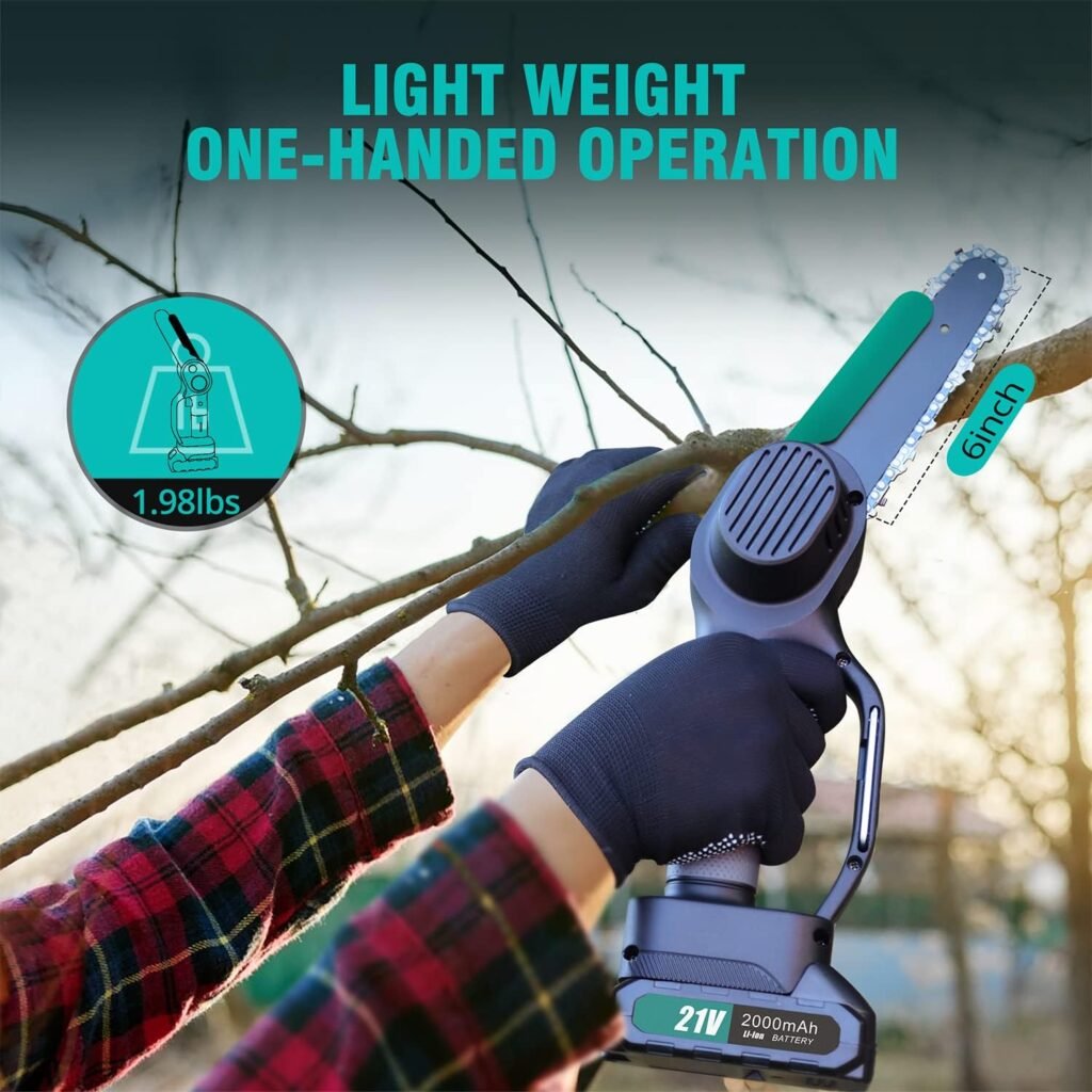 NaTiddy Mini Cordless Chainsaw Kit, 6 Inch 1.98 Lb One-Hand Handheld Electric Compact Portable Chainsaw, 21V 2.0Ah Rechargeable Battery Powered, for Tree Trimming and Branch Pruning Wood Cutting