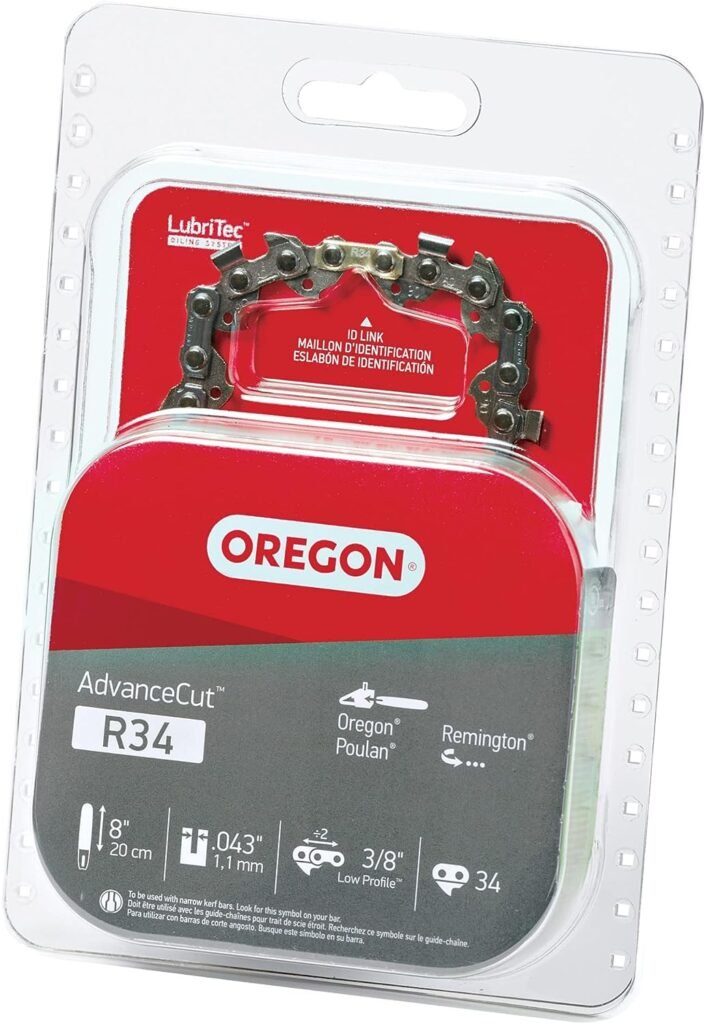 Oregon PS250 Pole Saw with 4.0 Ah Battery and Standard Charger  R34 AdvanceCut 8-Inch Replacement Chainsaw Chain, for Pole Saws  Chain Saw Tools, 8 Guide Bar, 34 Drive Links, 043 Gauge