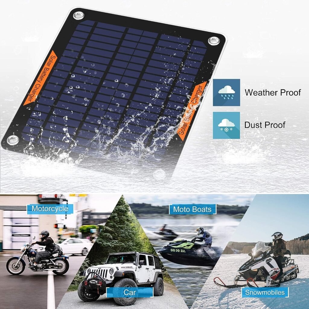 OYMSAE 5W 12V Solar Car Battery Charger Portable Waterproof Solar Power Battery Charger  maintainer with Trickle Cigarette Lighter Plug  Alligator Clip