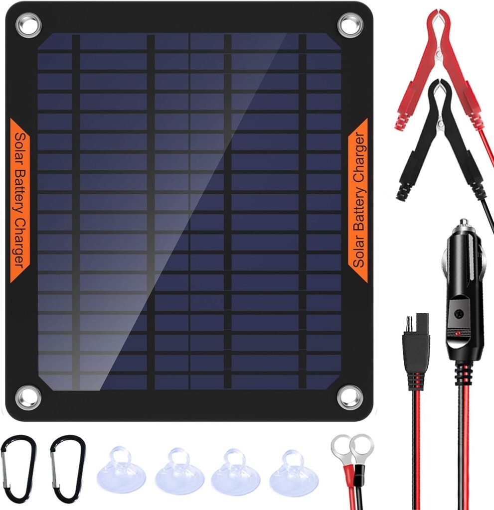 OYMSAE 5W 12V Solar Car Battery Charger Portable Waterproof Solar Power Battery Charger  maintainer with Trickle Cigarette Lighter Plug  Alligator Clip