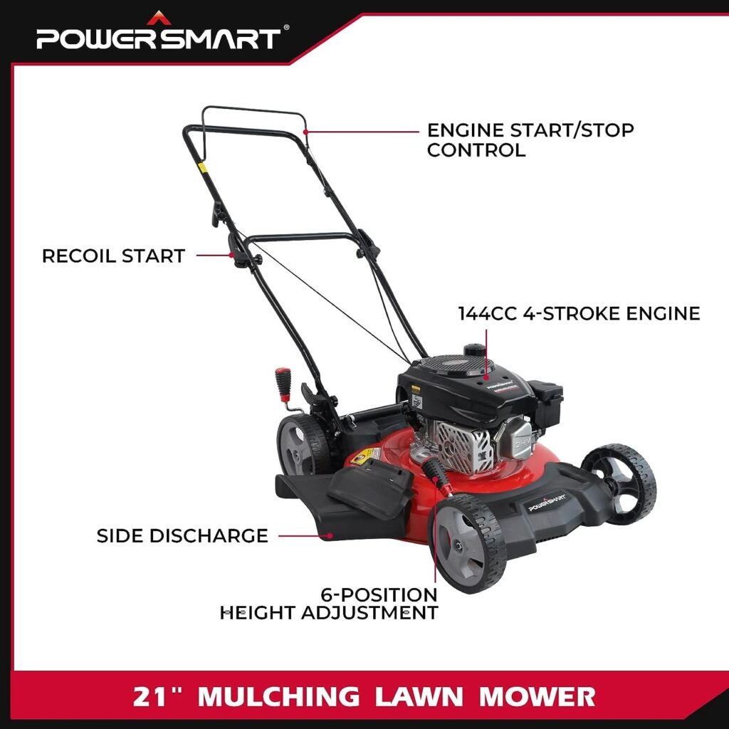 PowerSmart Gas Lawn Mower, 21-Inch 144cc 4-Stroke Engine 2-in-1 Walk-Behind Push Lawn Mower (DB2321CR)