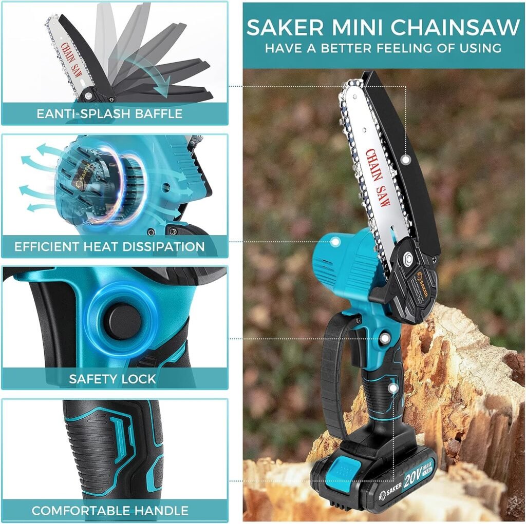 Saker Mini Chainsaw,6 Inch Portable Electric Chainsaw Cordless,2023 Upgrade Small Handheld Chain saw for Tree Branches,Courtyard, Household and Garden,By 2PCS 20V 1500mAh Batteries,Extra 3 PCS Chain