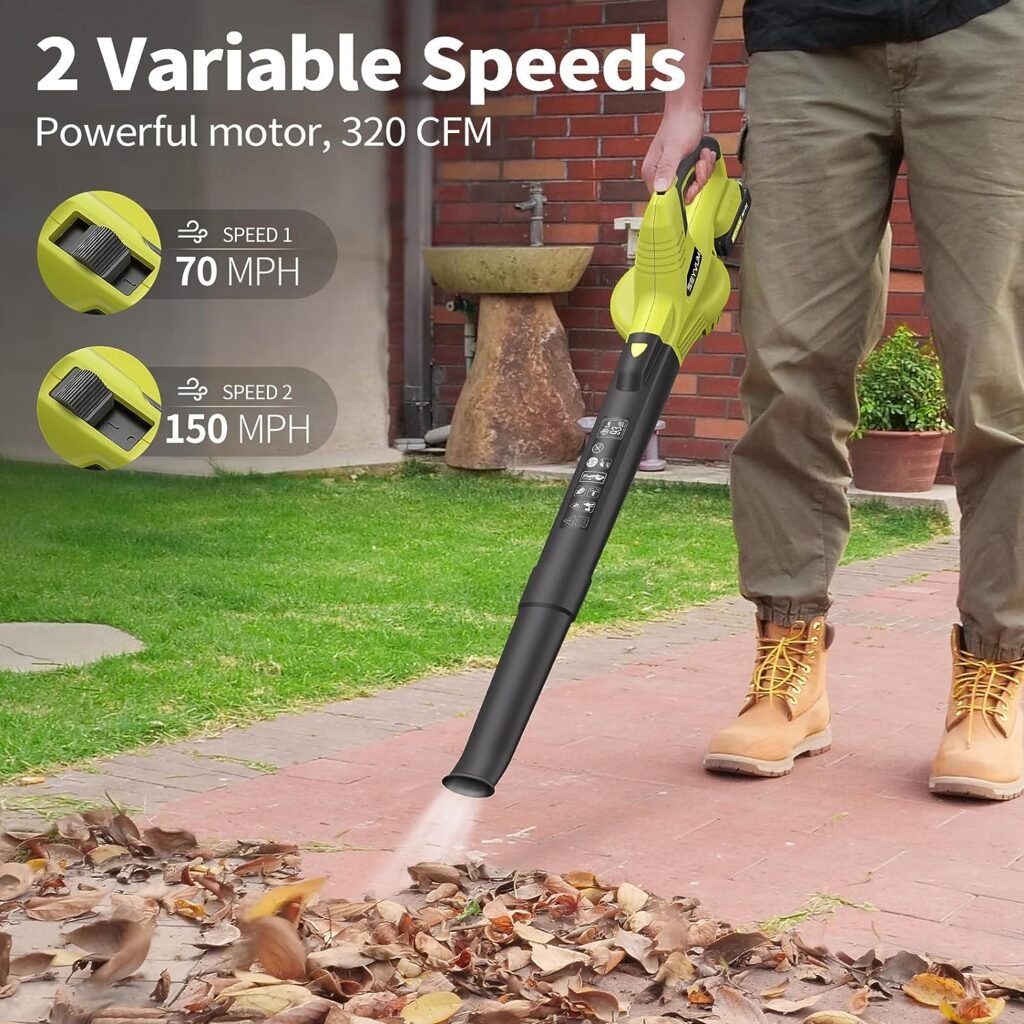 SEYVUM Leaf Blower, 20V Cordless Leaf Blower with 2 X 2.0 Ah Battery, Electric Leaf Blower for Lawn Care, 320CFM 150MPH Battery Powered Leaf Blower, for Patio, Garden Cleaning, Fast Charger Included