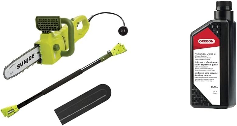 Sun Joe SWJ807E 10 inch 8.0 Amp Electric Convertible Pole Chain Saw, Green  Oregon Bar and Chain Oil for Chainsaws, 1 One Quart Bottle (32 fl.oz / 946 ml) (54-026)