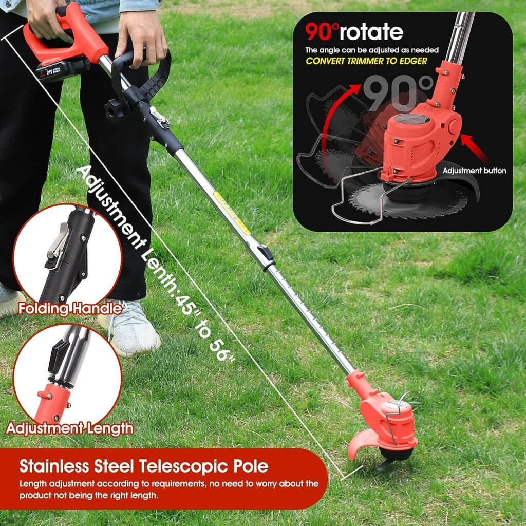 Weed Eater, 21V 2Ah 3-in-1 Li-Ion Cordless String Trimmer with 10Pcs Straw Rope,Weed Wacker Foldable for Home Garden Yard Mowing (red)