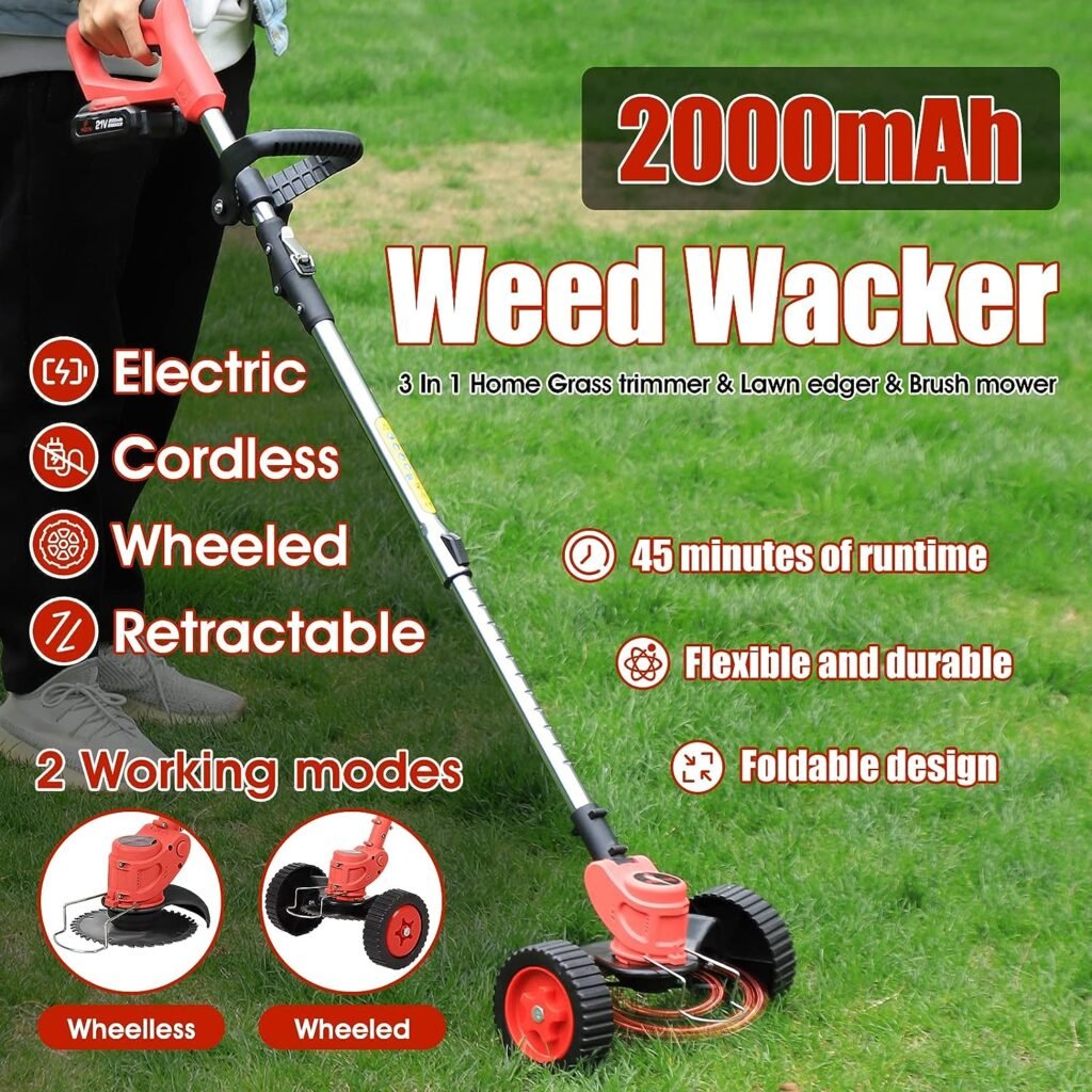 Weed Eater, 21V 2Ah 3-in-1 Li-Ion Cordless String Trimmer with 10Pcs Straw Rope,Weed Wacker Foldable for Home Garden Yard Mowing (red)