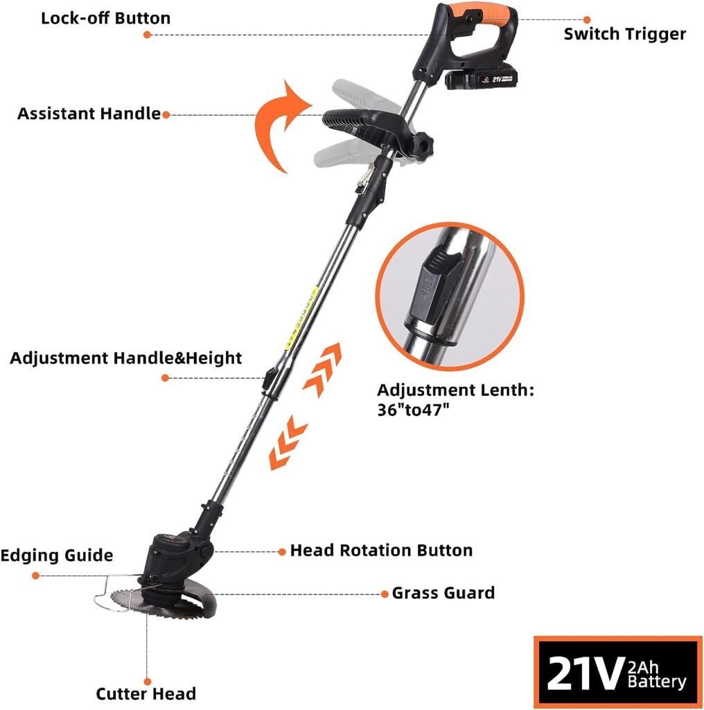 Weed Eater, 21V 2Ah 3-in-1 Li-Ion Cordless String Trimmer with 10Pcs Straw Rope,Weed Wacker Foldable for Home Garden Yard Mowing (Black)