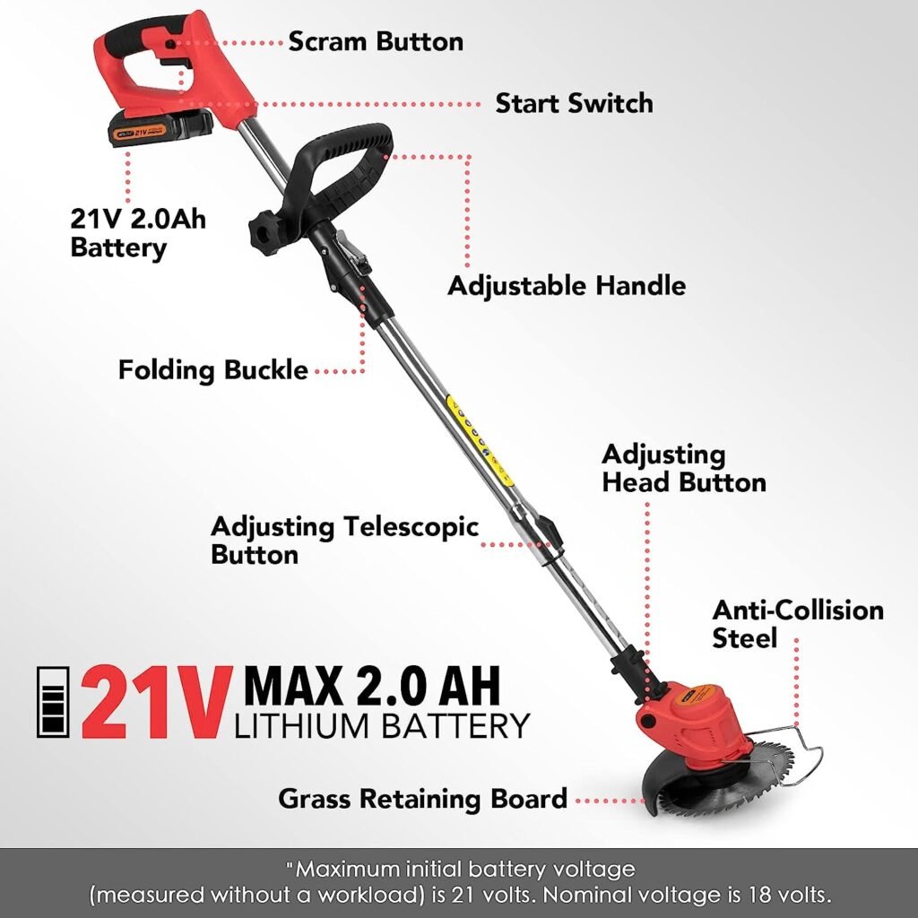 Weed Eater，3 in 1 Weed Wacker Battery Operated with 3 Types Blades，21V 2Ah Li-Ion Battery Powered for Garden and Lawn(Red)